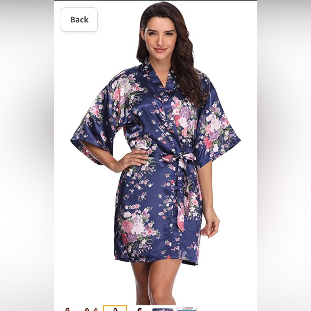 Navy blue floral satin robe, size medium, kimono